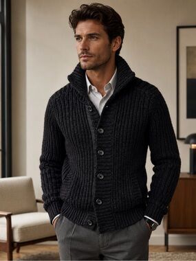 BOSS ORANGE Men's  Ribbed Shawl Collar Button Cardigan